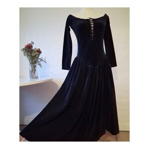 80s Betsey Johnson Punk Label Lace Up Off Shoulder Velvet Maxi Dress